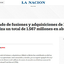 El mercado de fusiones y adquisiciones de Mxico contabiliza un total de 1.567 millones en abril, segn TTR